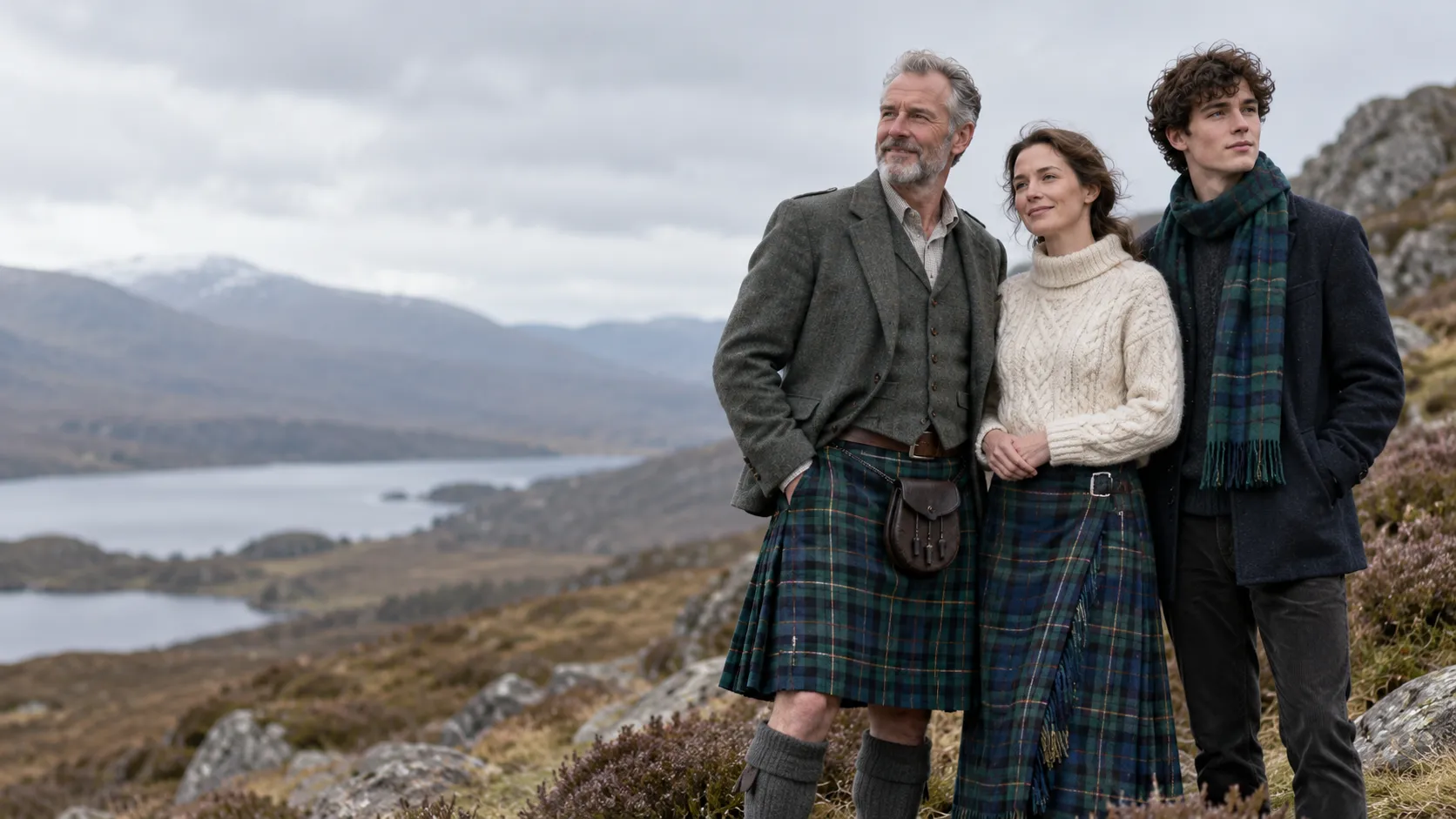 Three people on a Highland hillside above a loch, wearing a tartan kilt, a tartan wrap skirt and a tartan scarf.