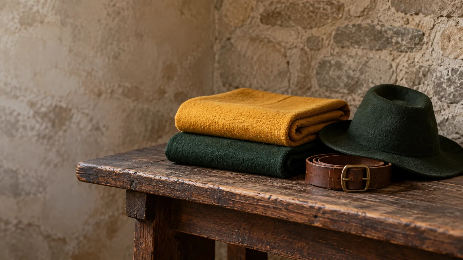 A folded saffron-yellow wool cloth and a folded dark green wool cloth on an old oak bench beside a brown leather belt and a dark green felt hat, against a stone wall.