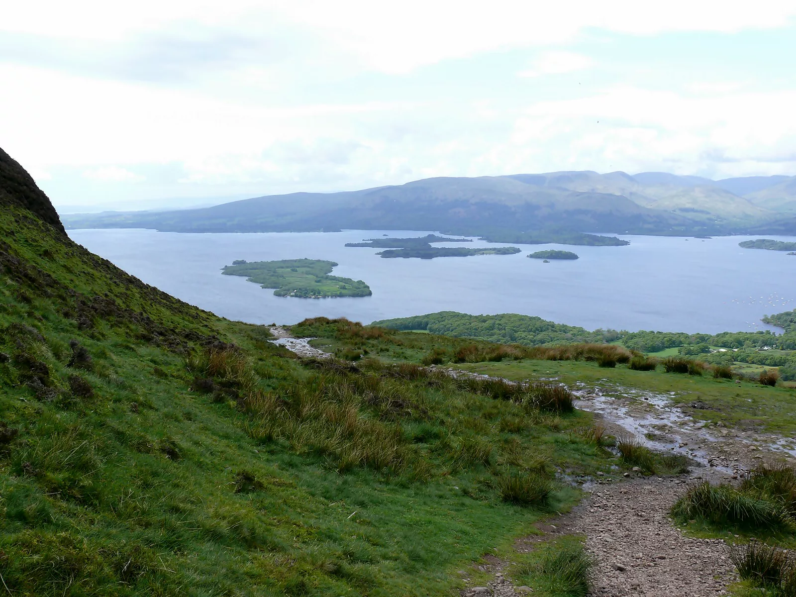Wooded islands in Loch Lomond with hills beyond, seen from a grassy hillside above the east shore.