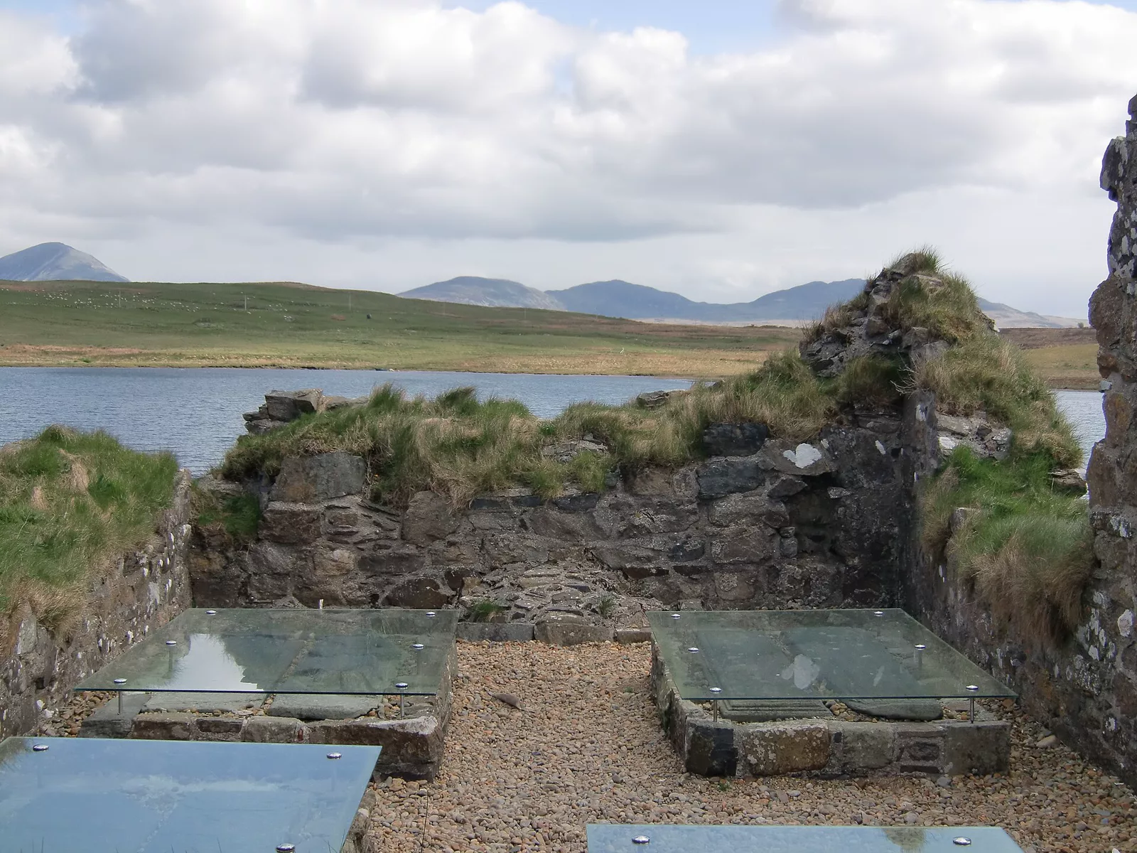 Grass-covered ruins on Eilean Mòr in Loch Finlaggan, with low hills on the horizon.